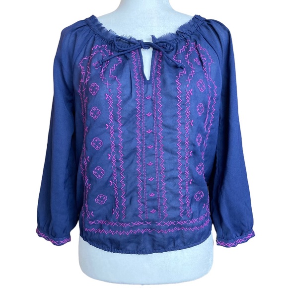 American Eagle Outfitters Tops - American Eagle long sleeve navy sheer blouse top with purple embroidery-Sz S